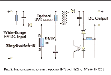 Типовая схема включения микросхем TNY256, TNY264, TNY266, TNY268