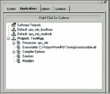 Вид страницы Applications встроенного окна управляющей оболочки Xilinx Platform Studio после создания нового проекта прикладной программы TestApp