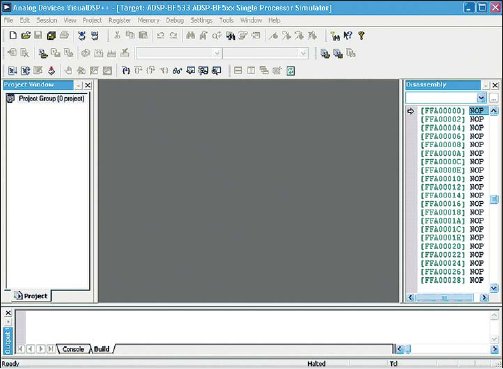 Внешний вид интегрированной среды разработки VisualDSP++ при запуске в режиме симуляции